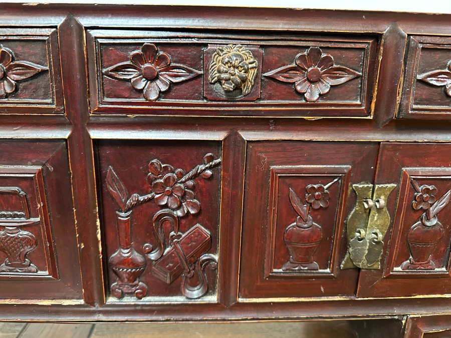 Small Vintage Chinese Carved Wooden Cabinet 44.5'W X 10.5'D X 16'H [Photo 4]