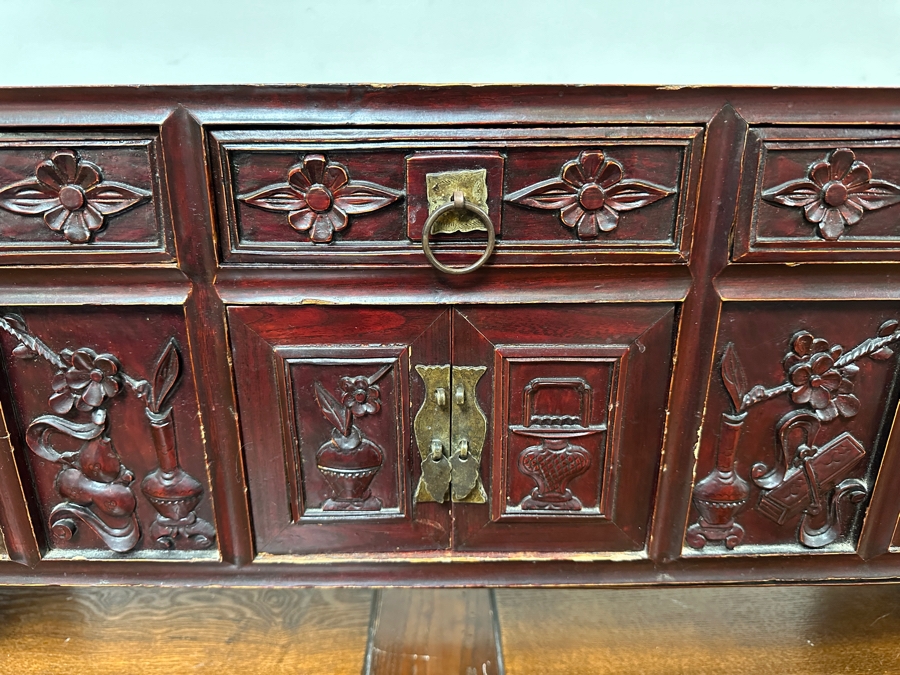Small Vintage Chinese Carved Wooden Cabinet 44.5'W X 10.5'D X 16'H [Photo 3]