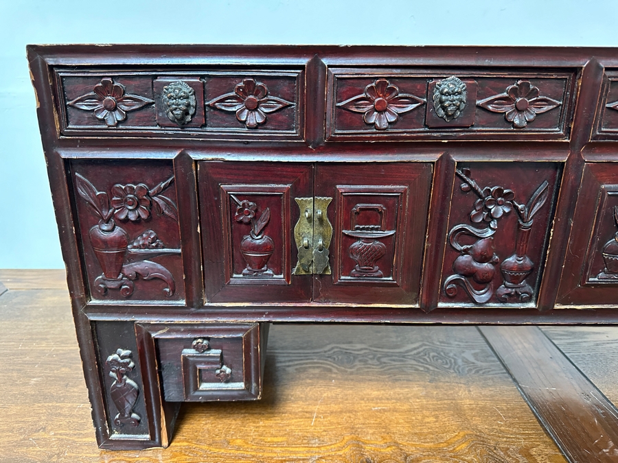 Small Vintage Chinese Carved Wooden Cabinet 44.5'W X 10.5'D X 16'H [Photo 9]