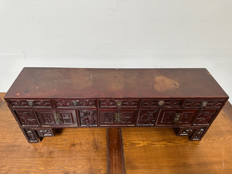 Small Vintage Chinese Carved Wooden Cabinet 44.5'W X 10.5'D X 16'H [Photo 12]