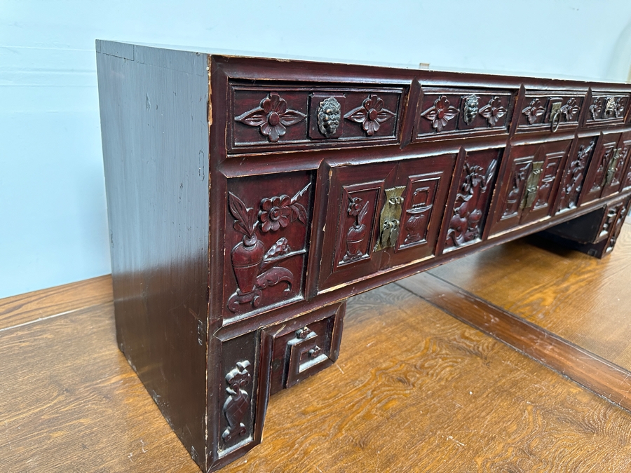 Small Vintage Chinese Carved Wooden Cabinet 44.5'W X 10.5'D X 16'H [Photo 13]