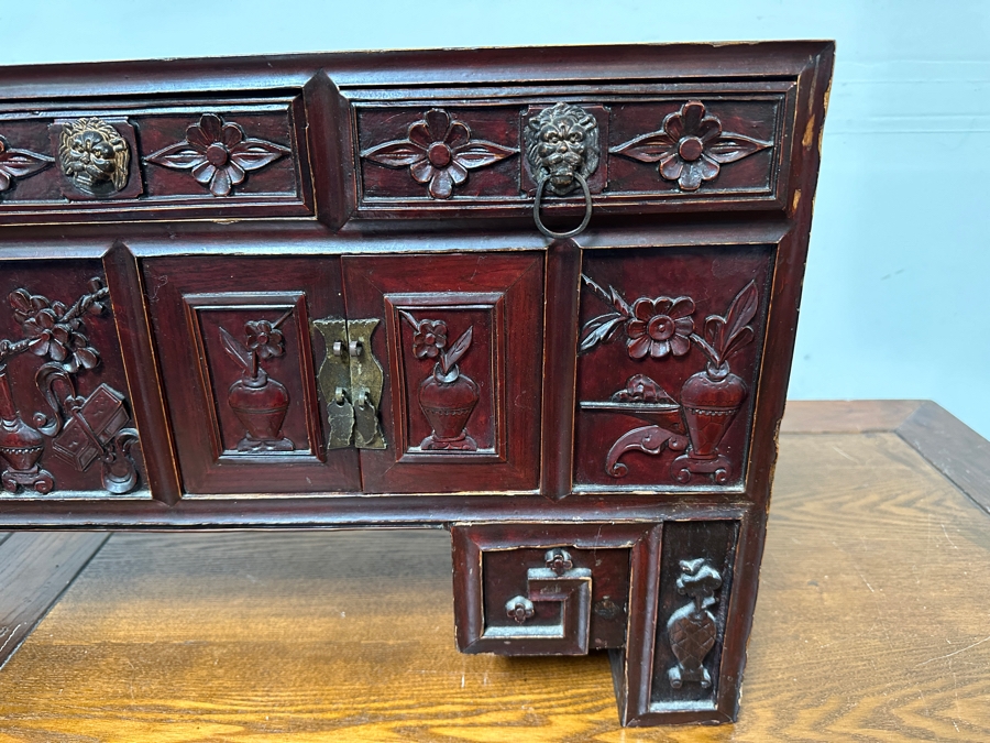 Small Vintage Chinese Carved Wooden Cabinet 44.5'W X 10.5'D X 16'H [Photo 7]