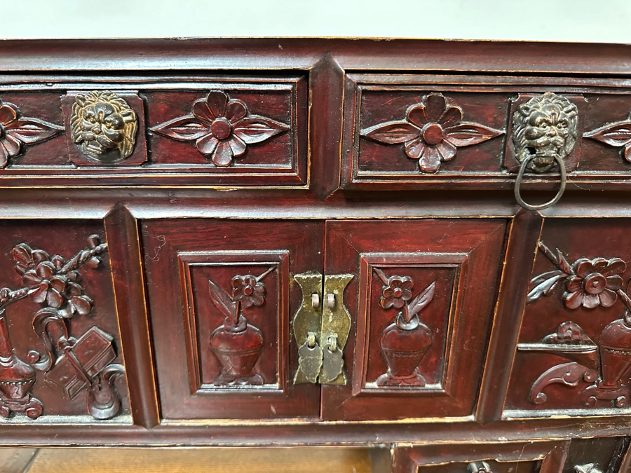 Small Vintage Chinese Carved Wooden Cabinet 44.5'W X 10.5'D X 16'H [Photo 6]