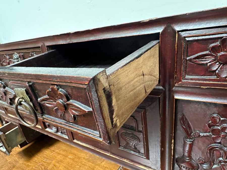 Small Vintage Chinese Carved Wooden Cabinet 44.5'W X 10.5'D X 16'H [Photo 16]