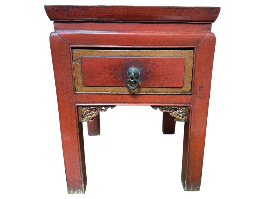 Small Red Wooden Asian Table With Drawer 15'W X 13'D X 19'H [Photo 1]