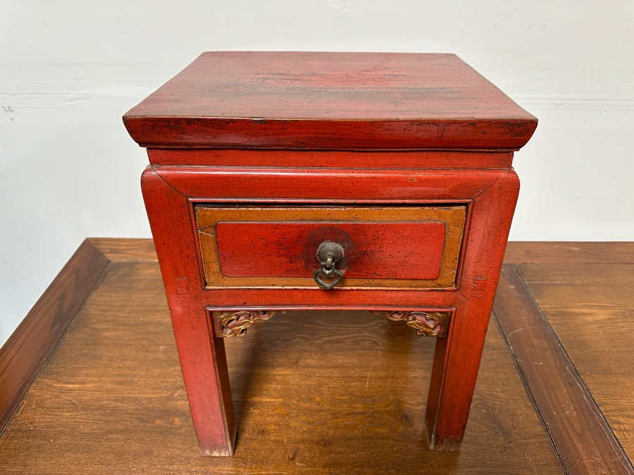 Small Red Wooden Asian Table With Drawer 15'W X 13'D X 19'H [Photo 4]