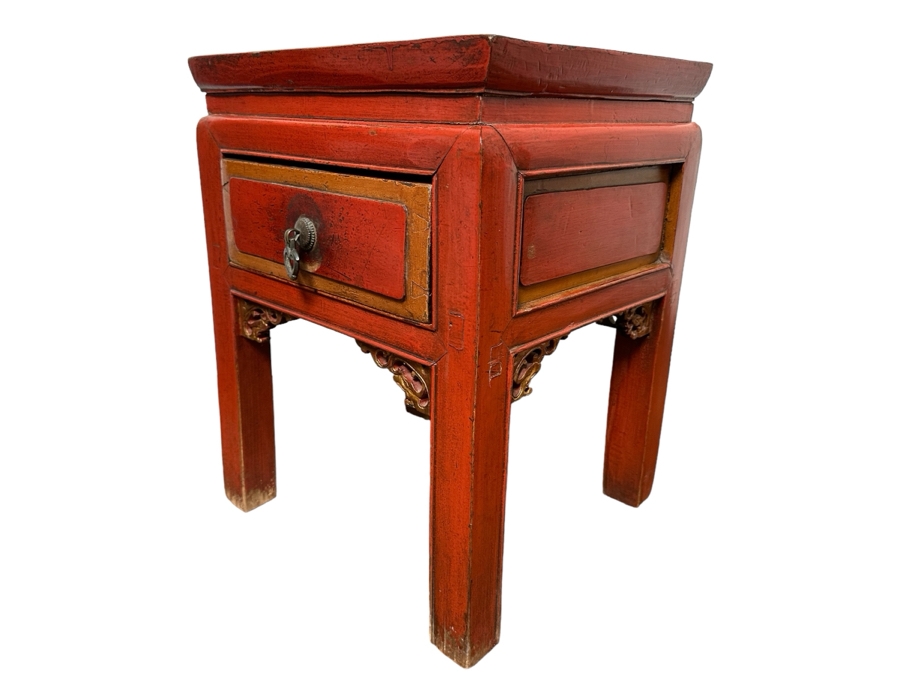 Small Red Wooden Asian Table With Drawer 15'W X 13'D X 19'H [Photo 2]