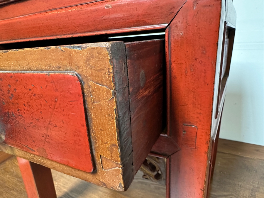 Small Red Wooden Asian Table With Drawer 15'W X 13'D X 19'H [Photo 6]