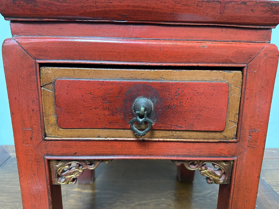 Small Red Wooden Asian Table With Drawer 15'W X 13'D X 19'H [Photo 5]