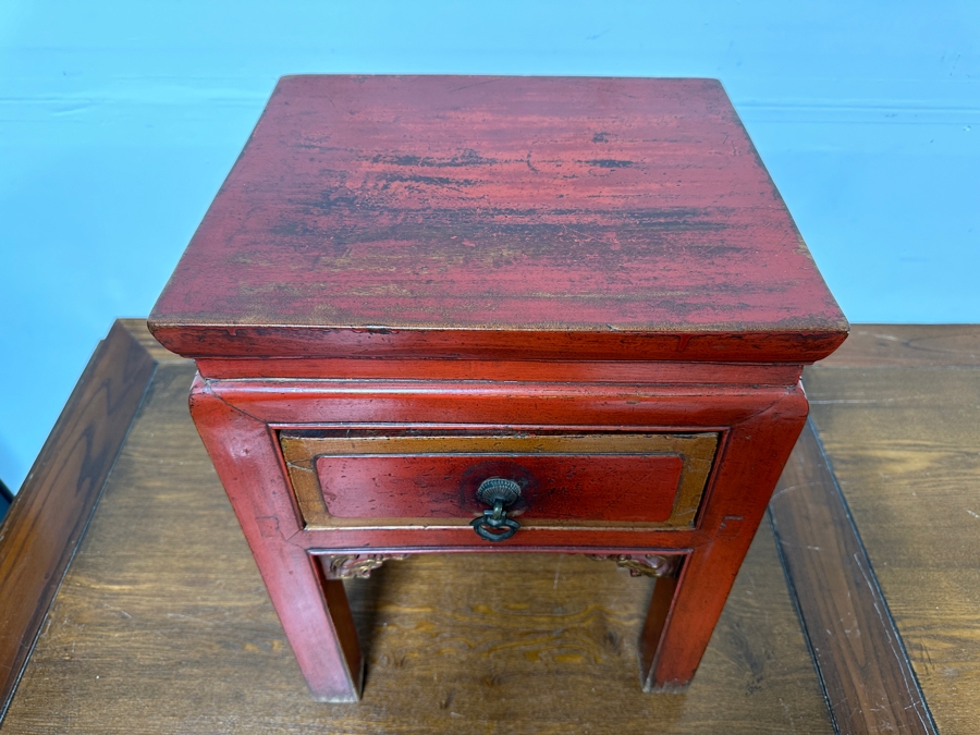 Small Red Wooden Asian Table With Drawer 15'W X 13'D X 19'H [Photo 3]