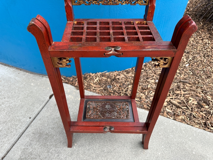 Vintage Carved Gilt Red Lacquer Wooden Chinese Wash Stand With Detailed Carved Scenes Throughout 18'W X 10'D X 67'H - See Photos [Photo 26]