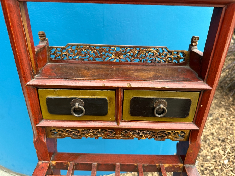 Vintage Carved Gilt Red Lacquer Wooden Chinese Wash Stand With Detailed Carved Scenes Throughout 18'W X 10'D X 67'H - See Photos [Photo 19]