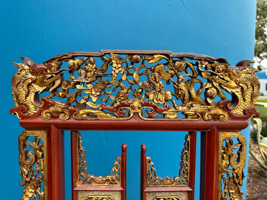 Vintage Carved Gilt Red Lacquer Wooden Chinese Wash Stand With Detailed Carved Scenes Throughout 18'W X 10'D X 67'H - See Photos [Photo 3]