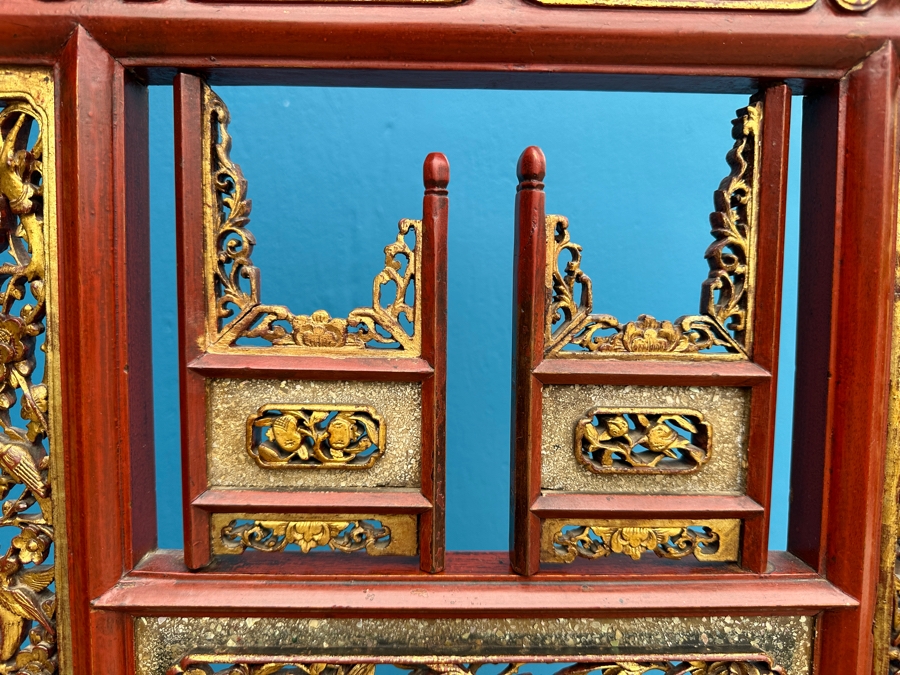 Vintage Carved Gilt Red Lacquer Wooden Chinese Wash Stand With Detailed Carved Scenes Throughout 18'W X 10'D X 67'H - See Photos [Photo 8]
