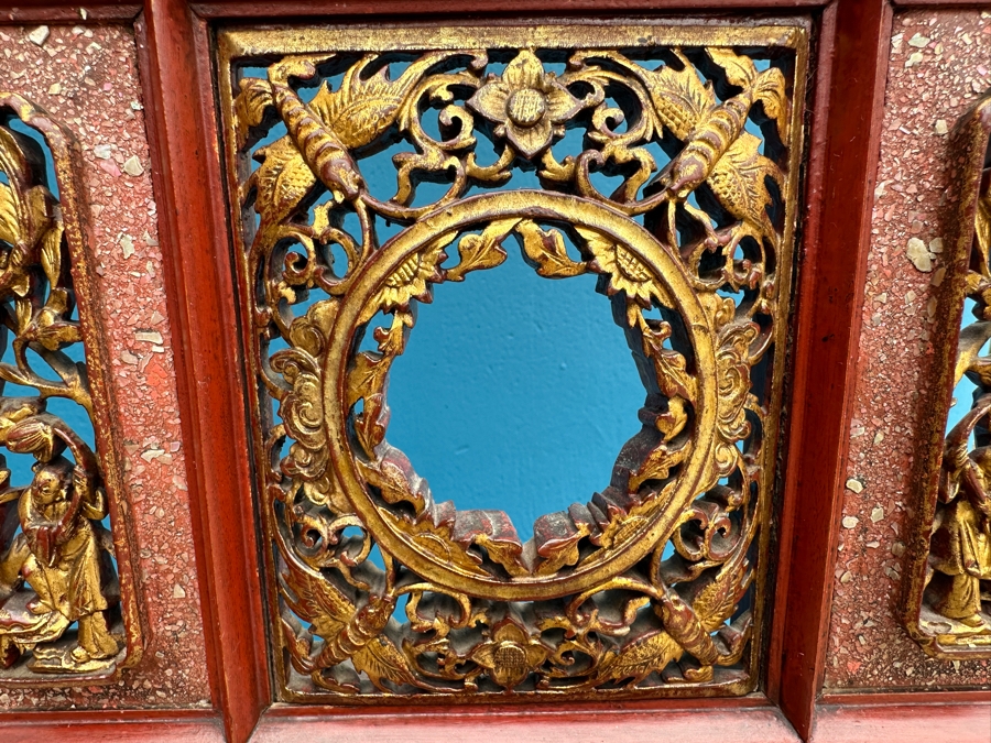 Vintage Carved Gilt Red Lacquer Wooden Chinese Wash Stand With Detailed Carved Scenes Throughout 18'W X 10'D X 67'H - See Photos [Photo 13]