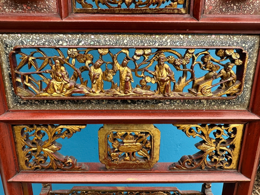 Vintage Carved Gilt Red Lacquer Wooden Chinese Wash Stand With Detailed Carved Scenes Throughout 18'W X 10'D X 67'H - See Photos [Photo 16]