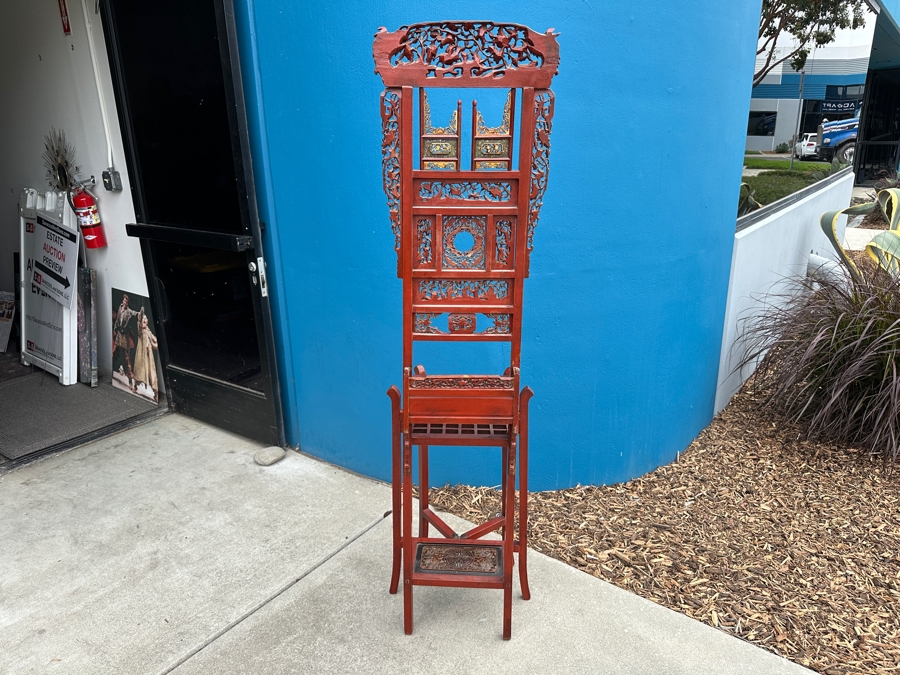 Vintage Carved Gilt Red Lacquer Wooden Chinese Wash Stand With Detailed Carved Scenes Throughout 18'W X 10'D X 67'H - See Photos [Photo 32]
