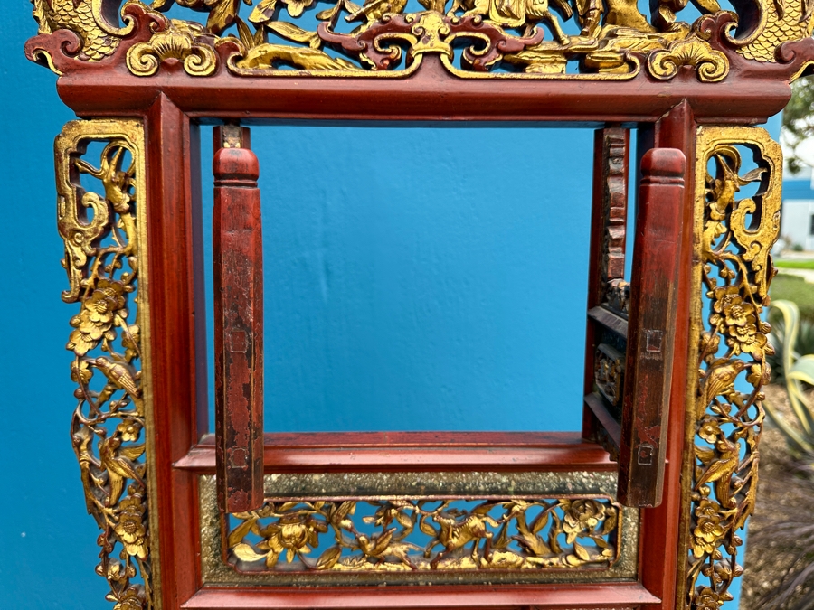 Vintage Carved Gilt Red Lacquer Wooden Chinese Wash Stand With Detailed Carved Scenes Throughout 18'W X 10'D X 67'H - See Photos [Photo 10]