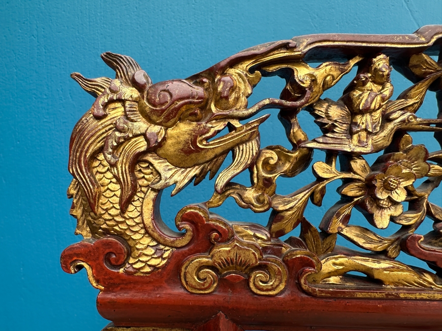 Vintage Carved Gilt Red Lacquer Wooden Chinese Wash Stand With Detailed Carved Scenes Throughout 18'W X 10'D X 67'H - See Photos [Photo 4]