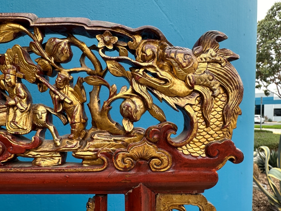 Vintage Carved Gilt Red Lacquer Wooden Chinese Wash Stand With Detailed Carved Scenes Throughout 18'W X 10'D X 67'H - See Photos [Photo 7]