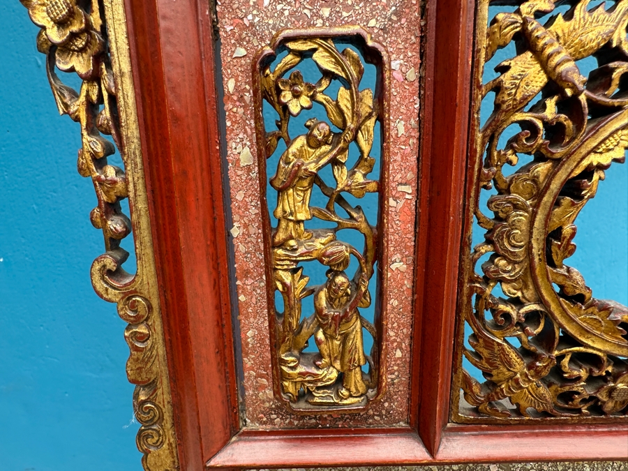 Vintage Carved Gilt Red Lacquer Wooden Chinese Wash Stand With Detailed Carved Scenes Throughout 18'W X 10'D X 67'H - See Photos [Photo 15]