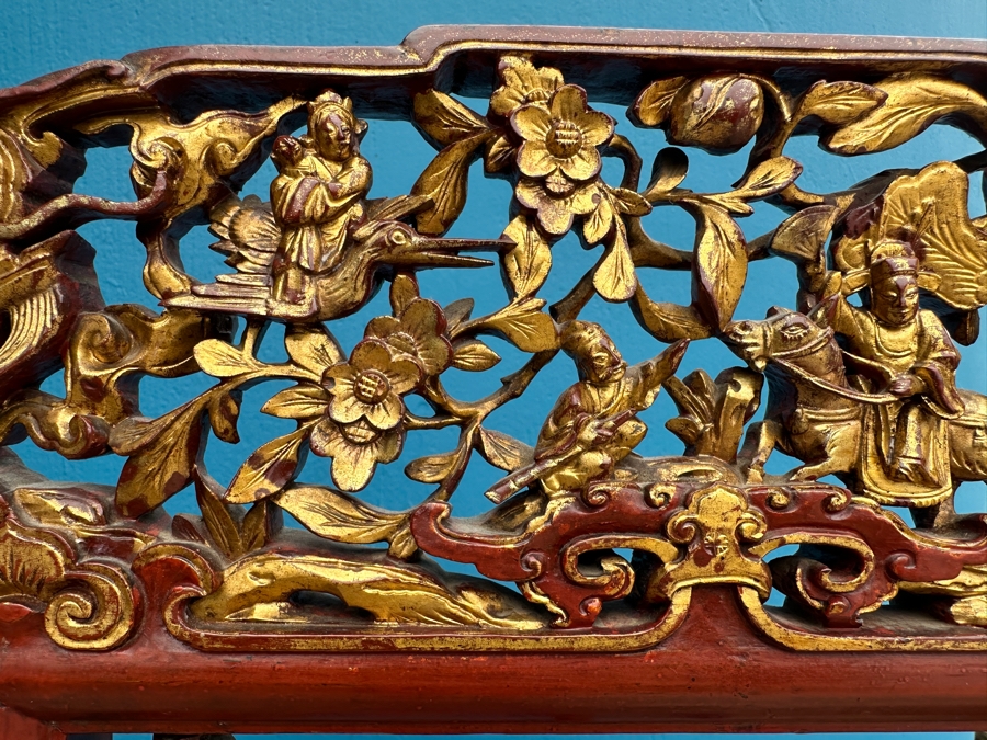 Vintage Carved Gilt Red Lacquer Wooden Chinese Wash Stand With Detailed Carved Scenes Throughout 18'W X 10'D X 67'H - See Photos [Photo 5]