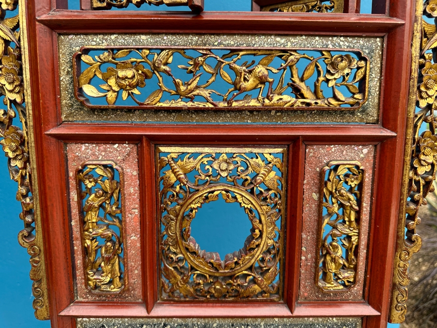 Vintage Carved Gilt Red Lacquer Wooden Chinese Wash Stand With Detailed Carved Scenes Throughout 18'W X 10'D X 67'H - See Photos [Photo 12]