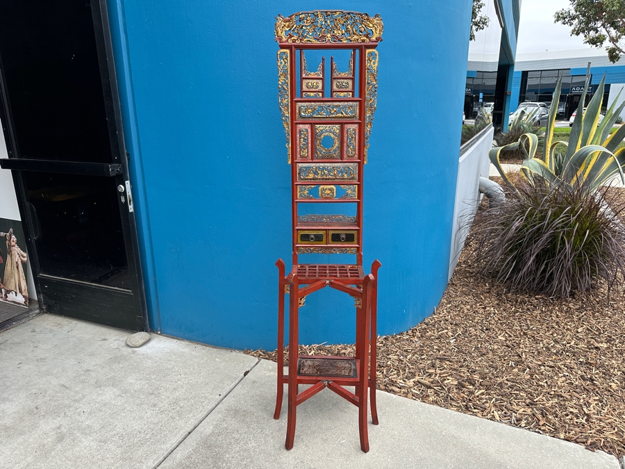 Vintage Carved Gilt Red Lacquer Wooden Chinese Wash Stand With Detailed Carved Scenes Throughout 18'W X 10'D X 67'H - See Photos [Photo 2]