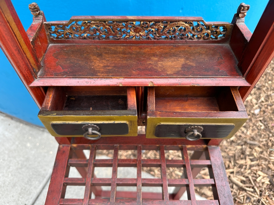 Vintage Carved Gilt Red Lacquer Wooden Chinese Wash Stand With Detailed Carved Scenes Throughout 18'W X 10'D X 67'H - See Photos [Photo 20]
