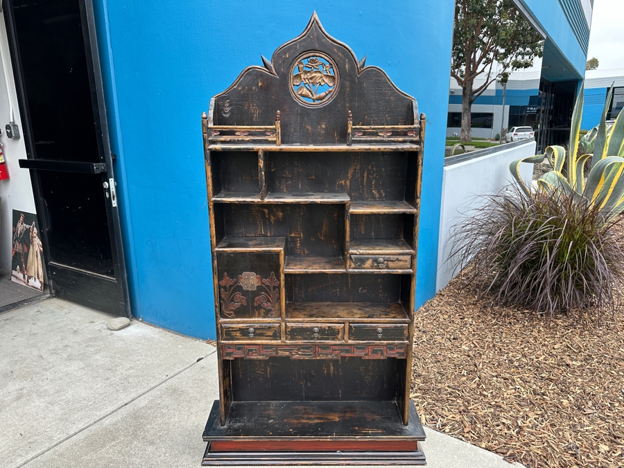 Vintage Carved Wooden Asian Shelf 34'W X 9.5'D X 66'H [Photo 1]