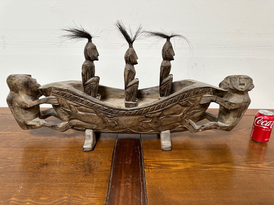 Vintage Carved Wooden Soul Boat Carving Tribal Pacific Islands Large 38'W X 8'D X 18'H [Photo 2]