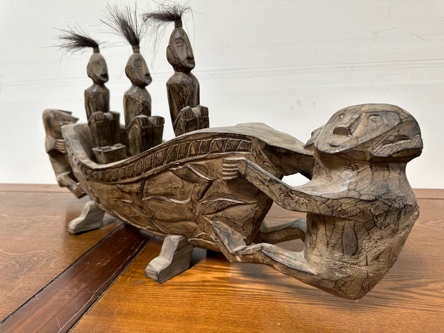 Vintage Carved Wooden Soul Boat Carving Tribal Pacific Islands Large 38'W X 8'D X 18'H [Photo 3]
