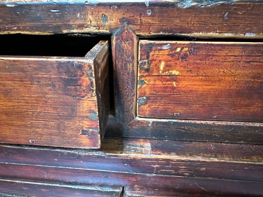 Hand Painted Carved Wooden Gilt Red Two-Piece Doweled Chinese Cabinet 41.5'W X 19.5'D X 68.5'H [Photo 21]