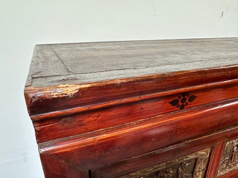 Hand Painted Carved Wooden Gilt Red Two-Piece Doweled Chinese Cabinet 41.5'W X 19.5'D X 68.5'H [Photo 17]