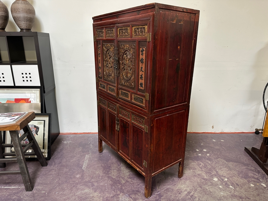 Hand Painted Carved Wooden Gilt Red Two-Piece Doweled Chinese Cabinet 41.5'W X 19.5'D X 68.5'H [Photo 25]