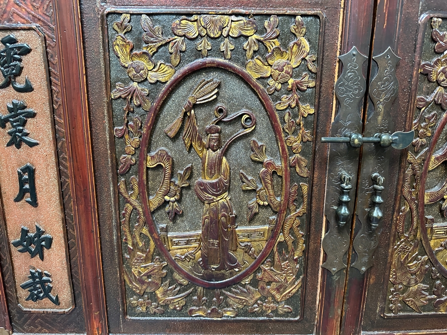 Hand Painted Carved Wooden Gilt Red Two-Piece Doweled Chinese Cabinet 41.5'W X 19.5'D X 68.5'H [Photo 10]