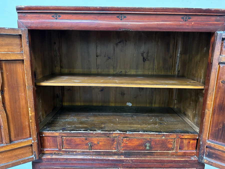 Hand Painted Carved Wooden Gilt Red Two-Piece Doweled Chinese Cabinet 41.5'W X 19.5'D X 68.5'H [Photo 20]