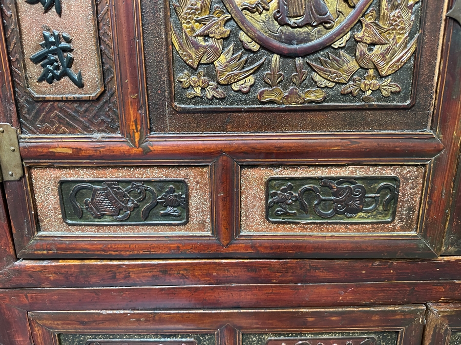 Hand Painted Carved Wooden Gilt Red Two-Piece Doweled Chinese Cabinet 41.5'W X 19.5'D X 68.5'H [Photo 11]