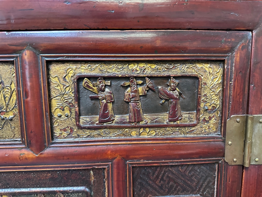 Hand Painted Carved Wooden Gilt Red Two-Piece Doweled Chinese Cabinet 41.5'W X 19.5'D X 68.5'H [Photo 6]