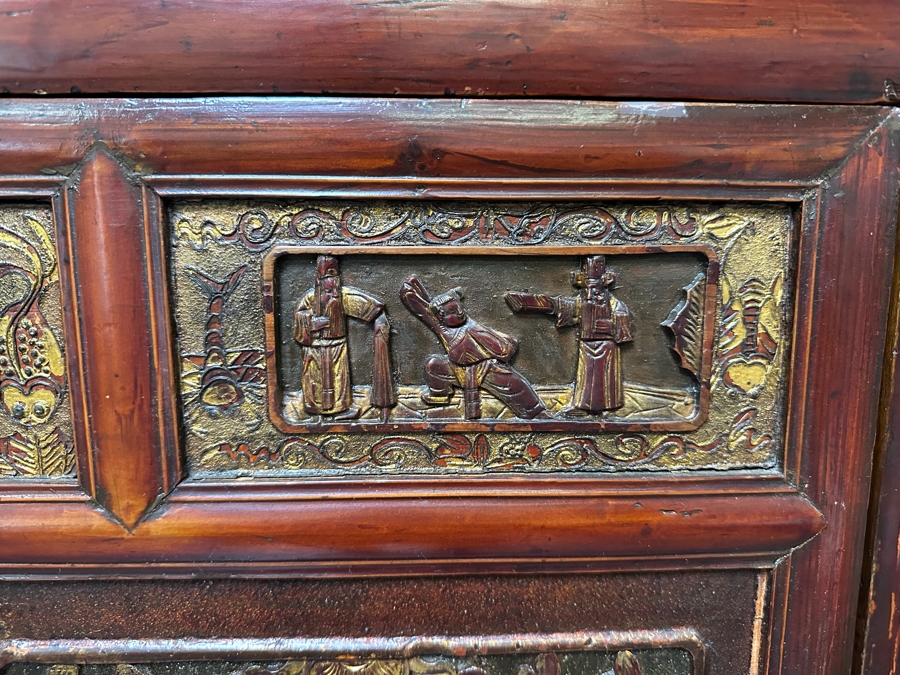 Hand Painted Carved Wooden Gilt Red Two-Piece Doweled Chinese Cabinet 41.5'W X 19.5'D X 68.5'H [Photo 4]