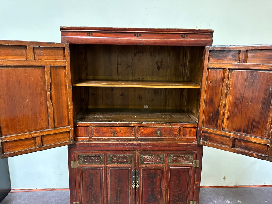 Hand Painted Carved Wooden Gilt Red Two-Piece Doweled Chinese Cabinet 41.5'W X 19.5'D X 68.5'H [Photo 19]