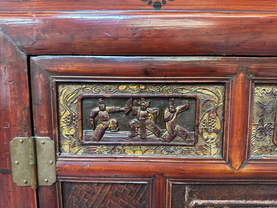 Hand Painted Carved Wooden Gilt Red Two-Piece Doweled Chinese Cabinet 41.5'W X 19.5'D X 68.5'H [Photo 3]