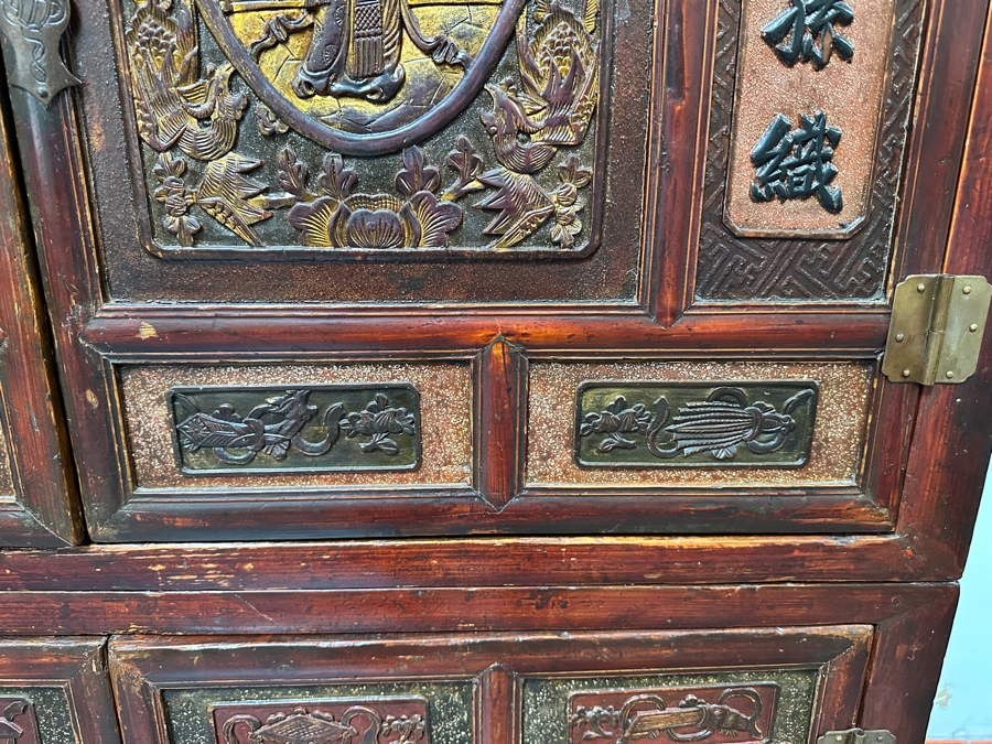 Hand Painted Carved Wooden Gilt Red Two-Piece Doweled Chinese Cabinet 41.5'W X 19.5'D X 68.5'H [Photo 12]