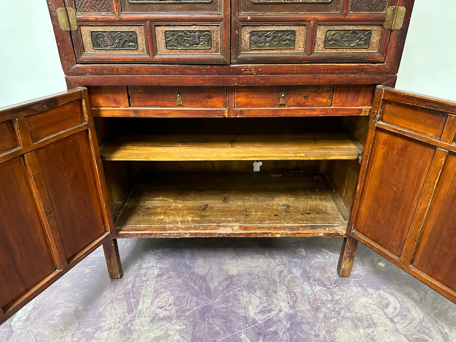 Hand Painted Carved Wooden Gilt Red Two-Piece Doweled Chinese Cabinet 41.5'W X 19.5'D X 68.5'H [Photo 22]