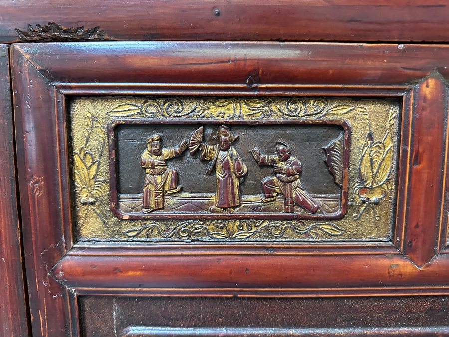 Hand Painted Carved Wooden Gilt Red Two-Piece Doweled Chinese Cabinet 41.5'W X 19.5'D X 68.5'H [Photo 5]