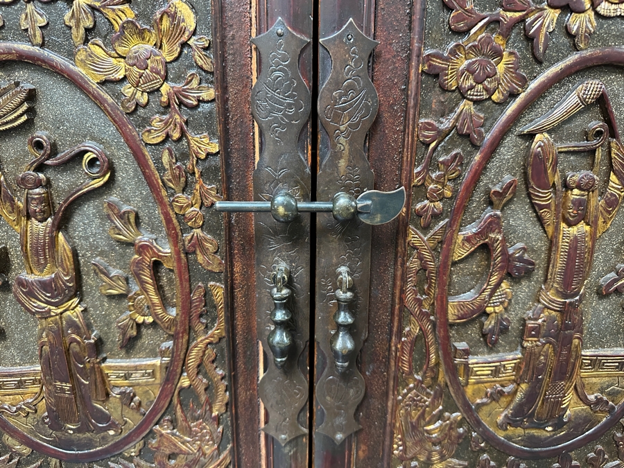 Hand Painted Carved Wooden Gilt Red Two-Piece Doweled Chinese Cabinet 41.5'W X 19.5'D X 68.5'H [Photo 18]