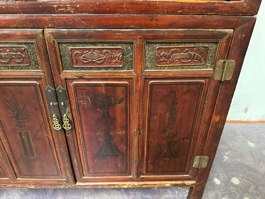 Hand Painted Carved Wooden Gilt Red Two-Piece Doweled Chinese Cabinet 41.5'W X 19.5'D X 68.5'H [Photo 13]