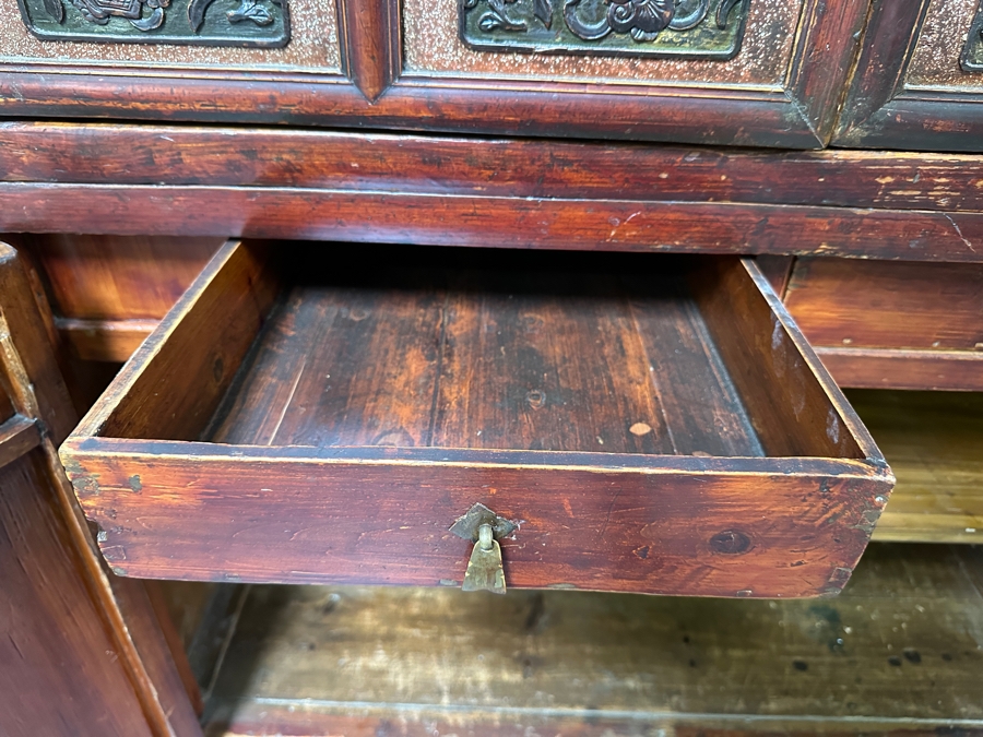Hand Painted Carved Wooden Gilt Red Two-Piece Doweled Chinese Cabinet 41.5'W X 19.5'D X 68.5'H [Photo 24]