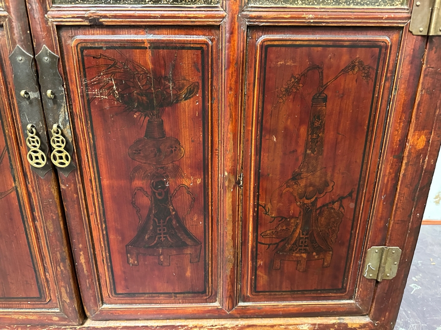 Hand Painted Carved Wooden Gilt Red Two-Piece Doweled Chinese Cabinet 41.5'W X 19.5'D X 68.5'H [Photo 14]