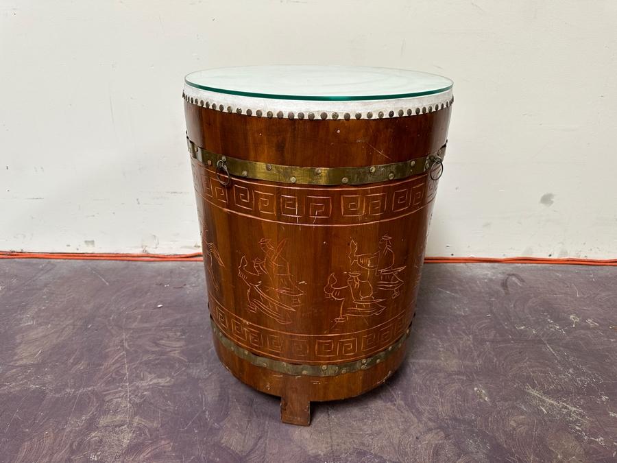 Wooden Decorative Asian Drum Side Table With Glass Top 18'W X 24'H [Photo 6]